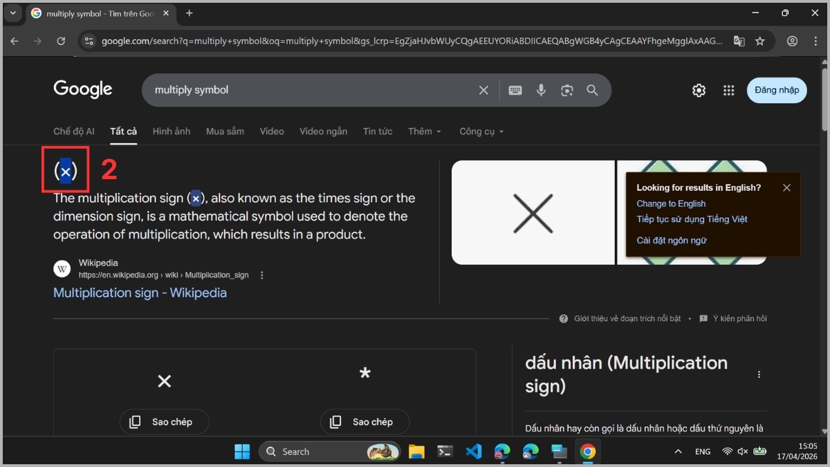 Bôi đen ký tự (×) và bấm Ctrl + C
