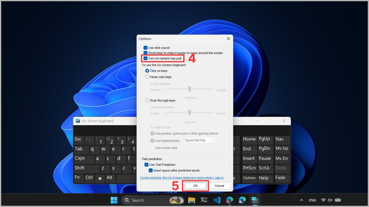 Tích chọn ô “Turn on numeric key pad”