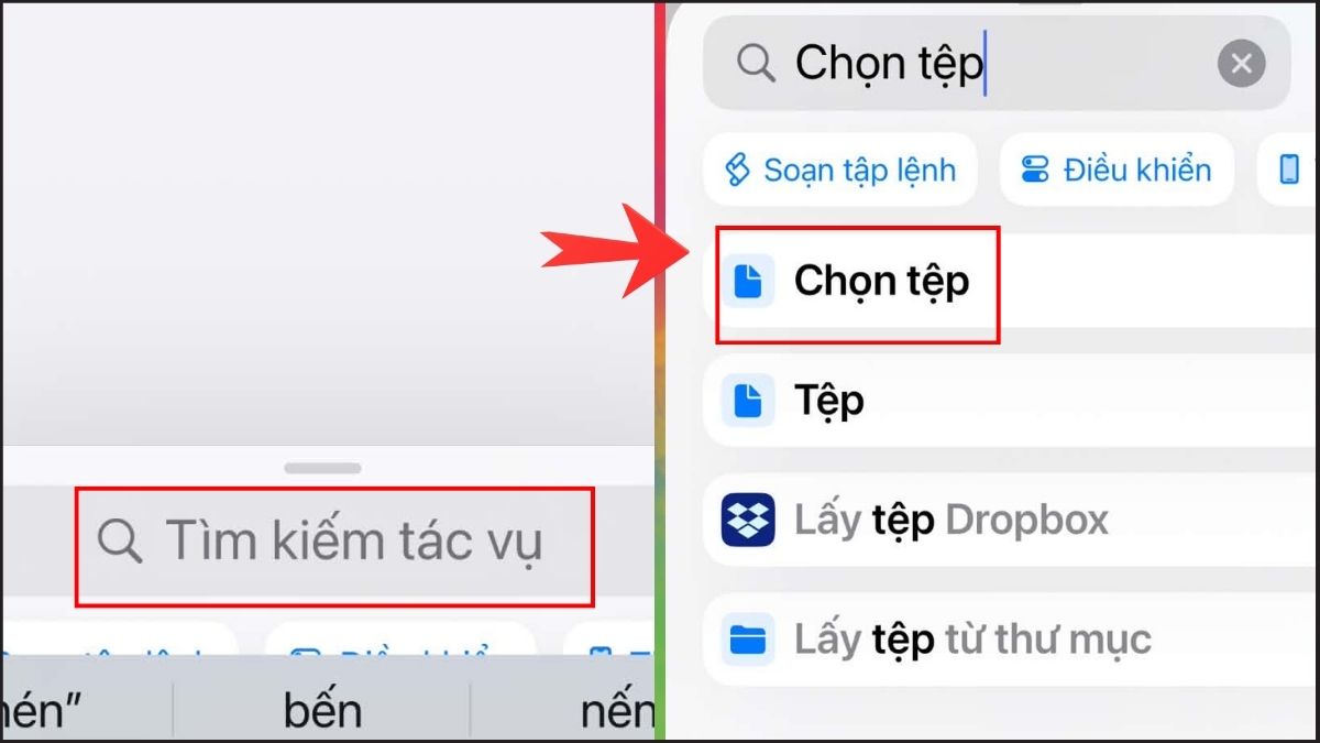 Nhấn thanh tìm kiếm và thêm lần lượt các tác vụ