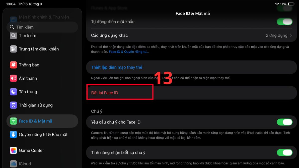Chọn Đặt lại Face ID