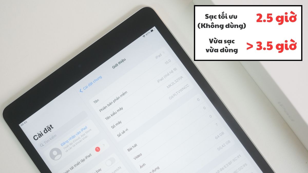 iPad Gen 9 sạc bao lâu thì đầy pin?