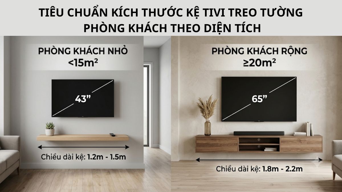 Tiêu chuẩn kích thước kệ tivi treo tường phòng khách