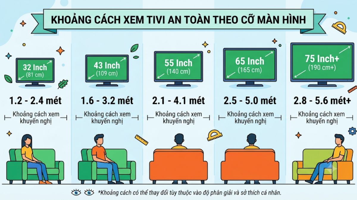 Khoảng cách xem tivi an toàn theo từng cỡ màn hình