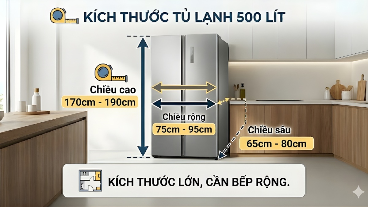 Kích thước tủ lạnh 500 lít là bao nhiêu?