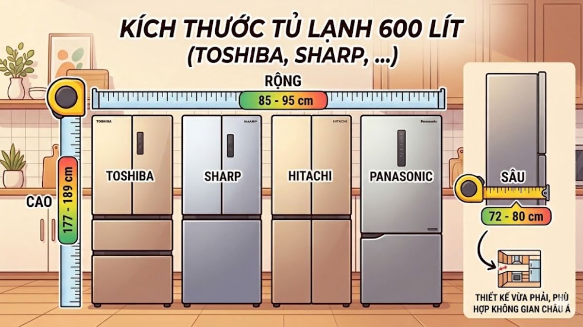 Kích thước tủ lạnh Toshiba, Sharp và các thương hiệu khác dòng 600 lít