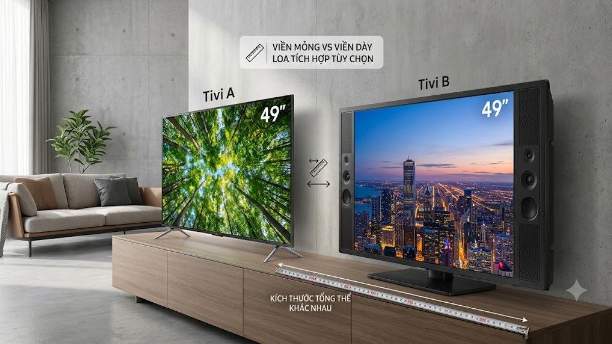 Kích thước tổng thể tivi 49 inch giữa các hãng