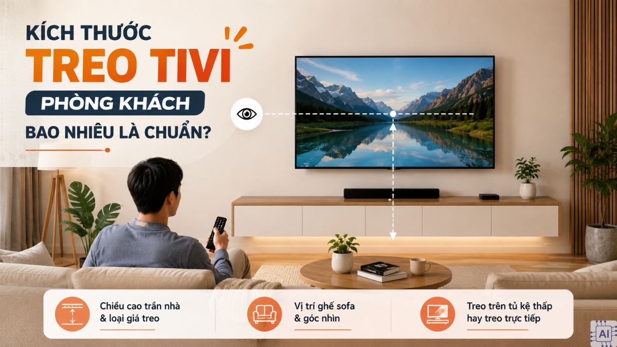 Kích thước treo tivi phòng khách bao nhiêu là chuẩn?