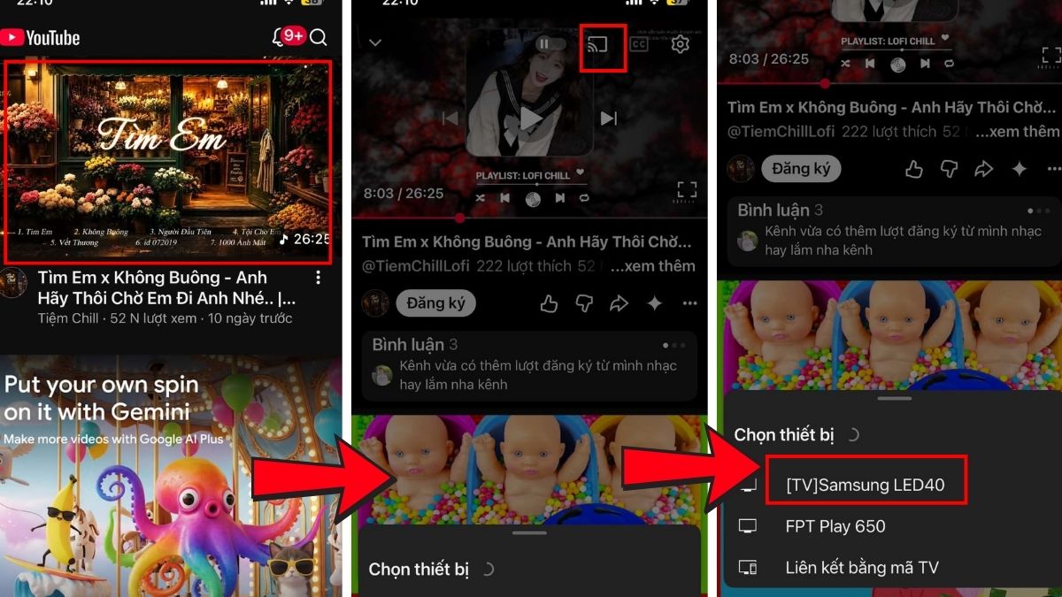 Chiếu màn hình qua ứng dụng YouTube, Netflix hoặc Cast