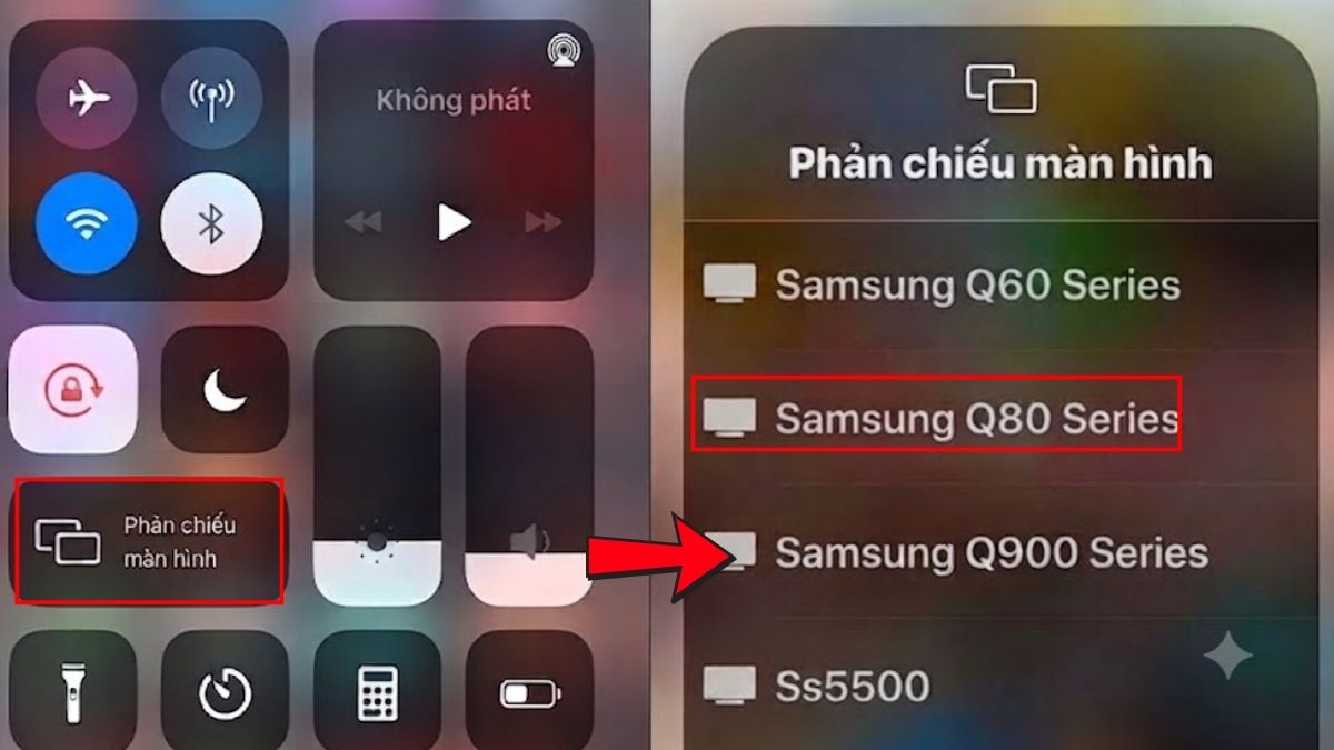 Nhấn Phản chiếu màn hình rồi chọn tên tivi Samsung