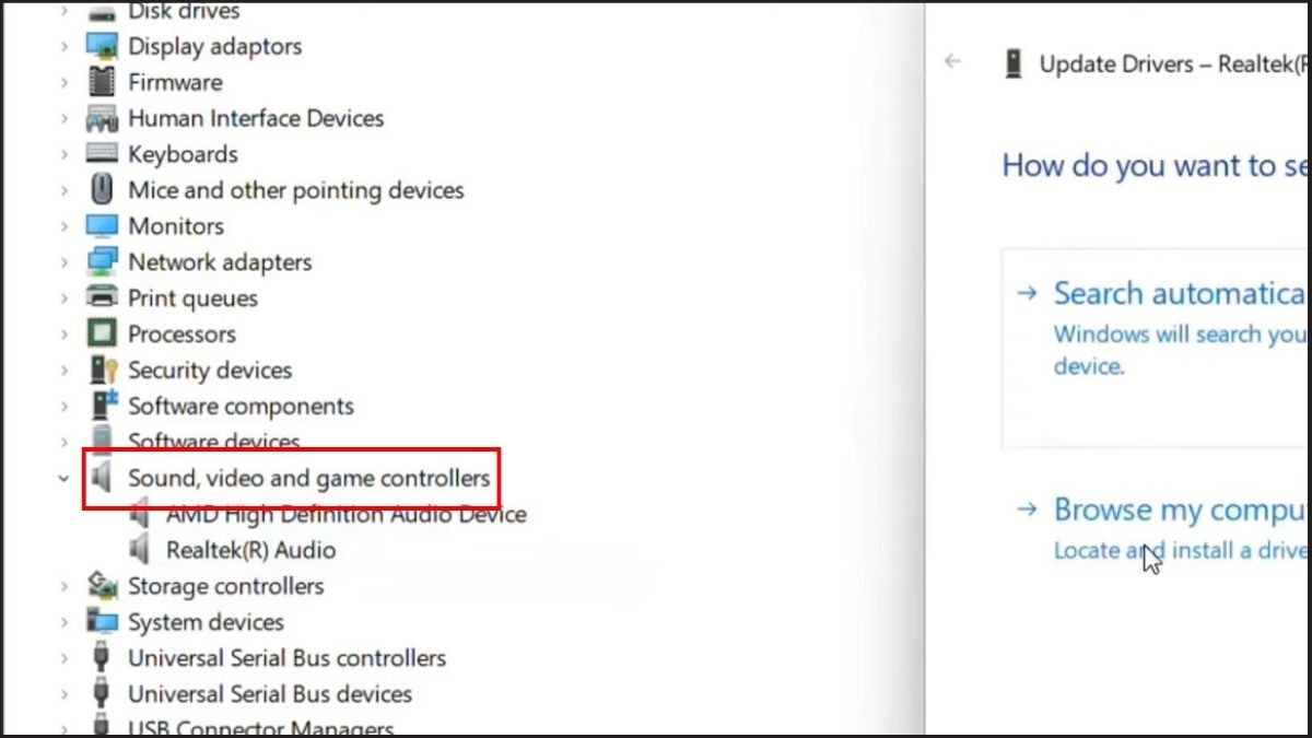Tìm mục Sound, video and game controllers