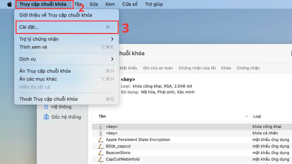 Nhấp chọn Truy cập chuỗi khóa