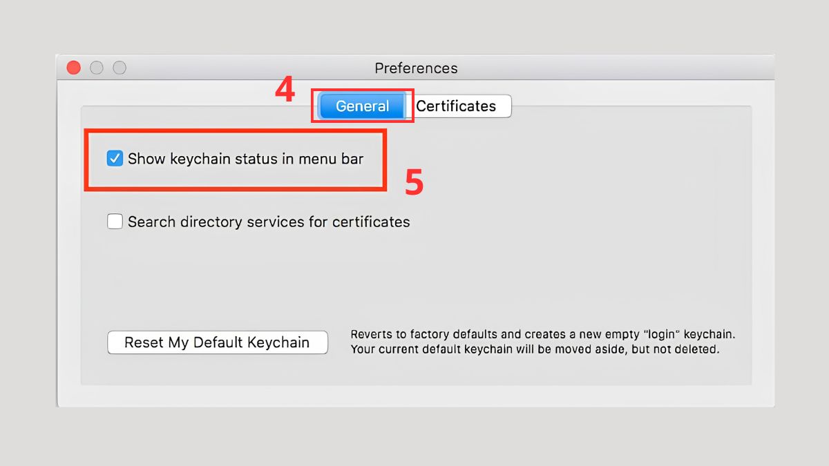 Tích vào ô Hiển thị trạng thái chuỗi khóa trong thanh menu