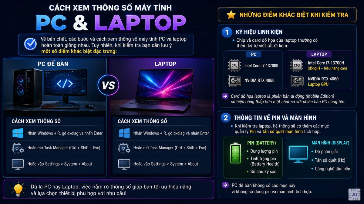 Kiểm tra cấu hình máy tính PC và laptop có gì khác nhau?