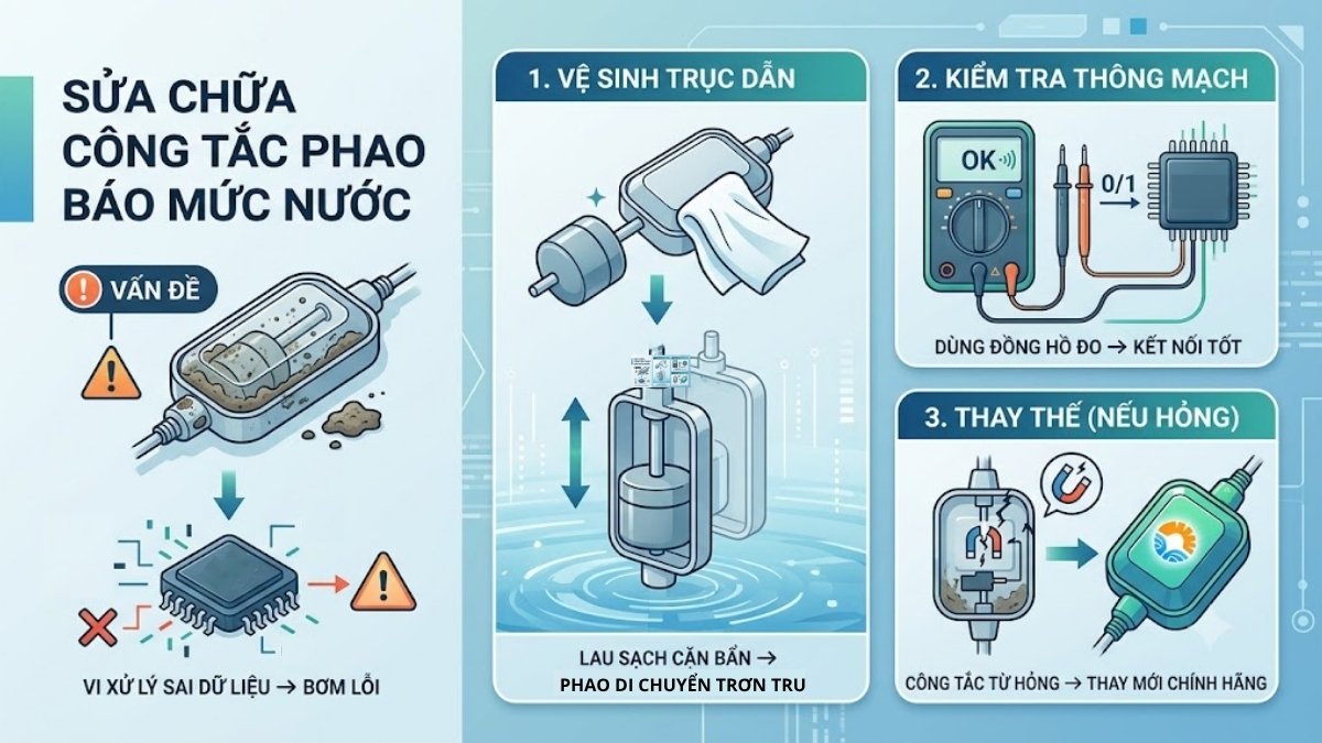 Phao báo mức nước bị hỏng hoặc lệch vị trí