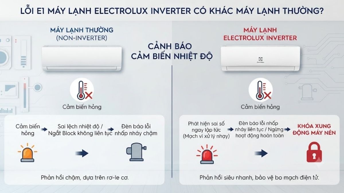 Lỗi E1 máy lạnh Electrolux inverter có khác máy lạnh thường không?