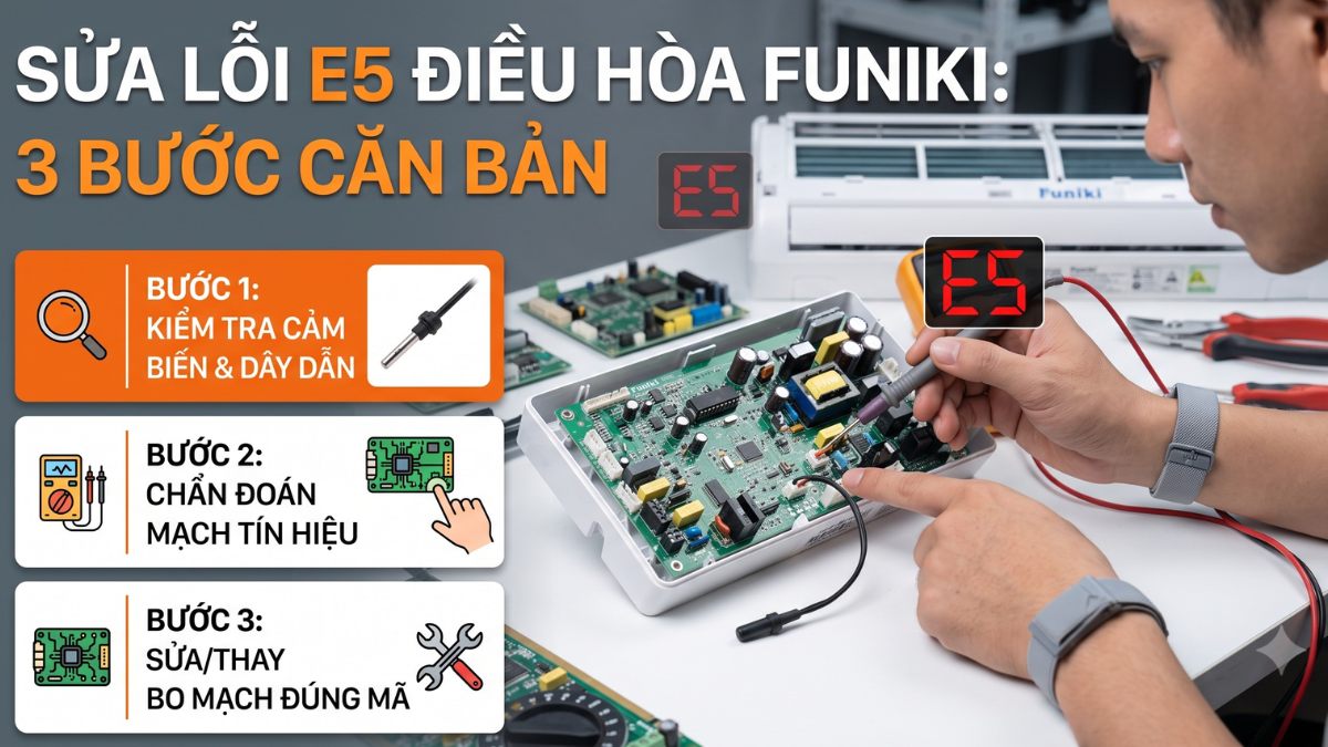 Cách sửa bo mạch điều hòa Funiki báo lỗi E5