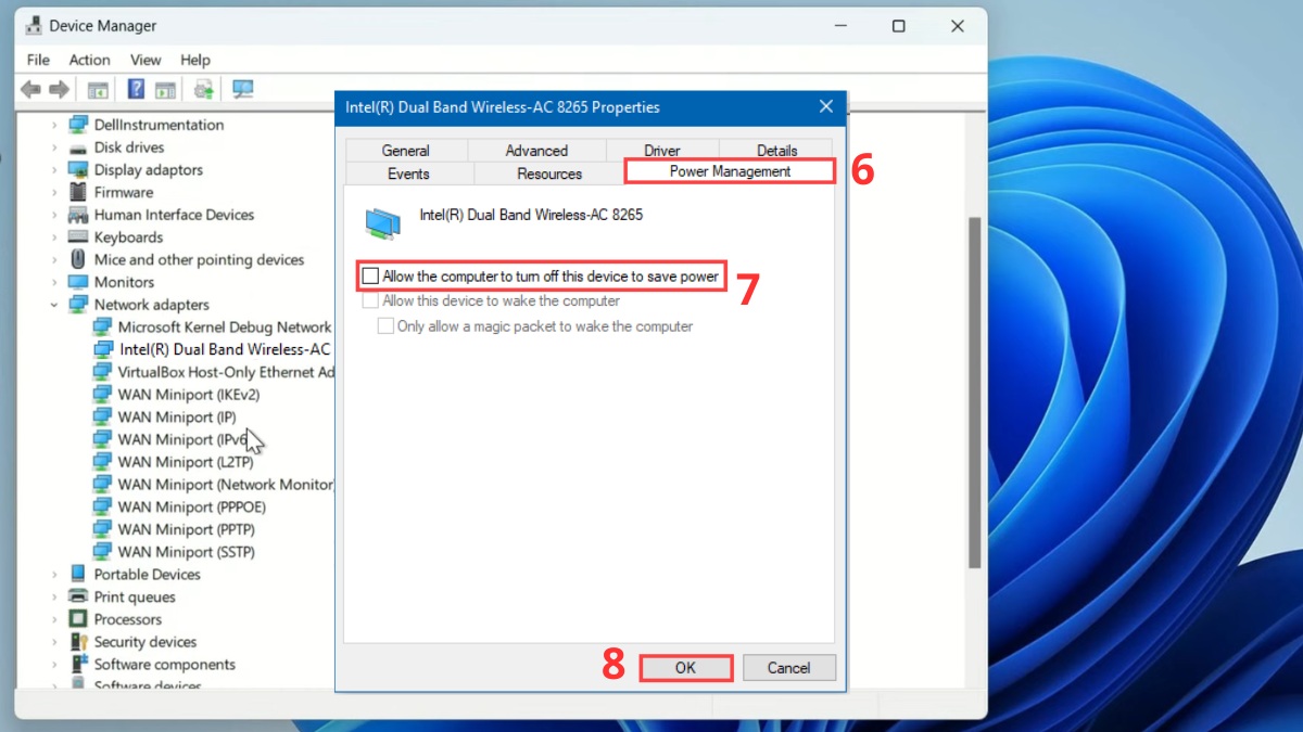 Bỏ chọn Allow the computer to turn off this device to save power