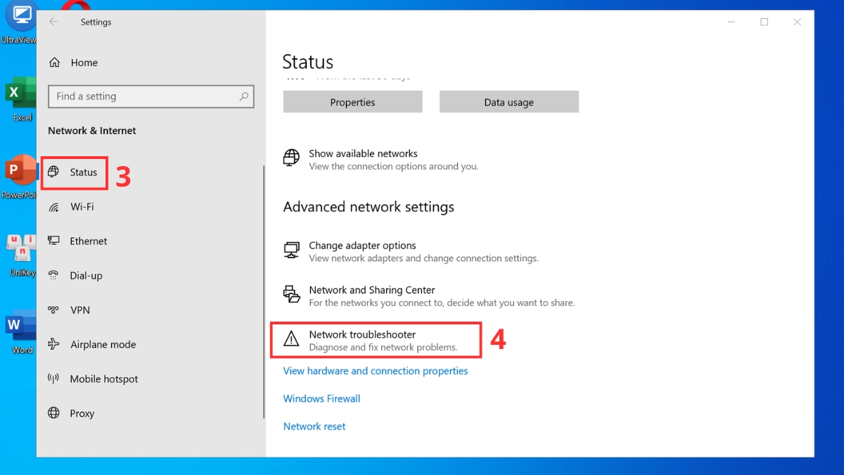 Chọn Status → Network troubleshooter