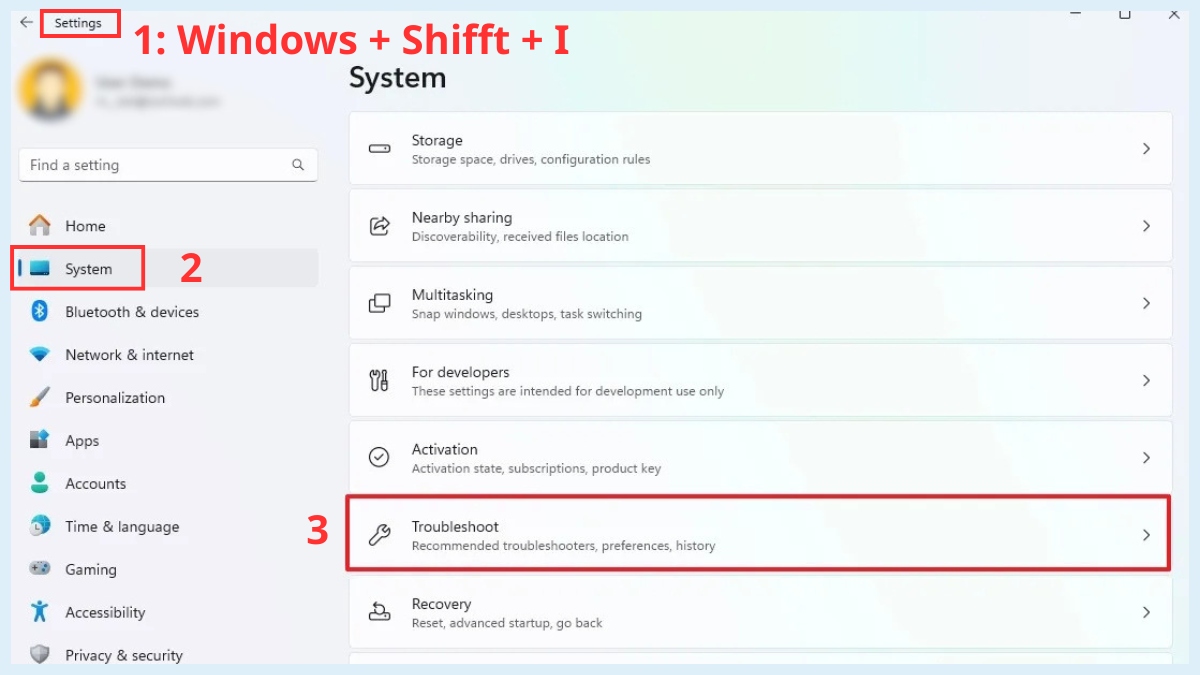 Chọn System → Troubleshoot