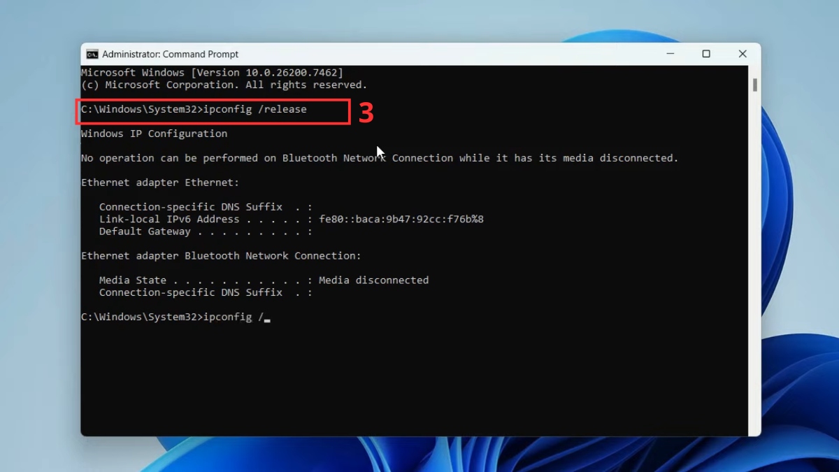 Nhập lệnh ipconfig /release và nhấn Enter