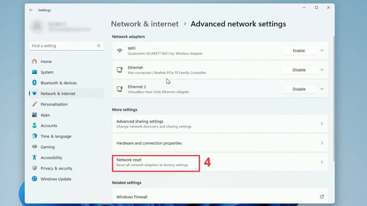 Chọn Network reset
