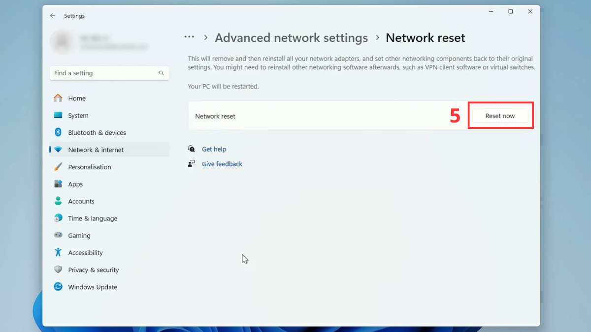 Nhấn Reset now sau đó khởi động lại máy
