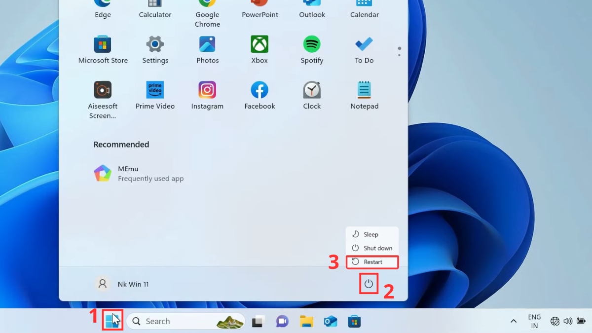  Chọn biểu tượng Windows > Power > Restart