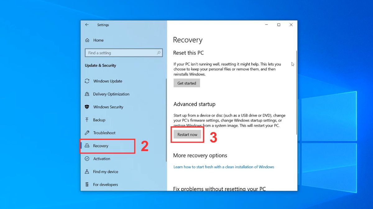 Click Restart now tại mục Advanced startup