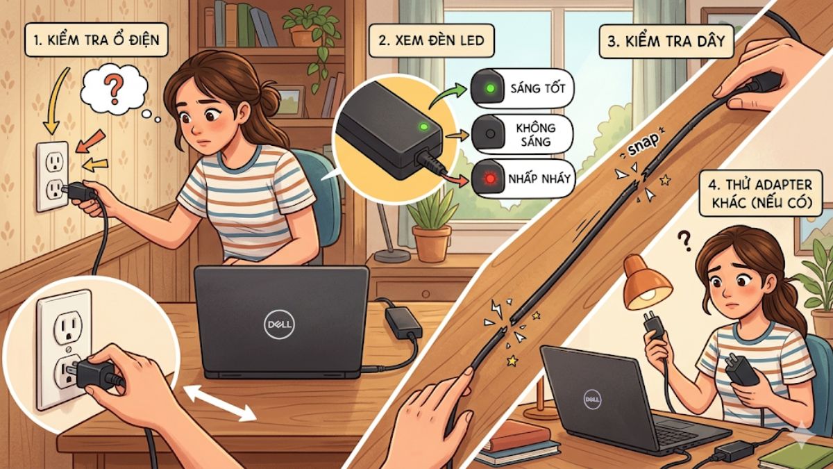 Kiểm tra nguồn điện và đèn LED adapter