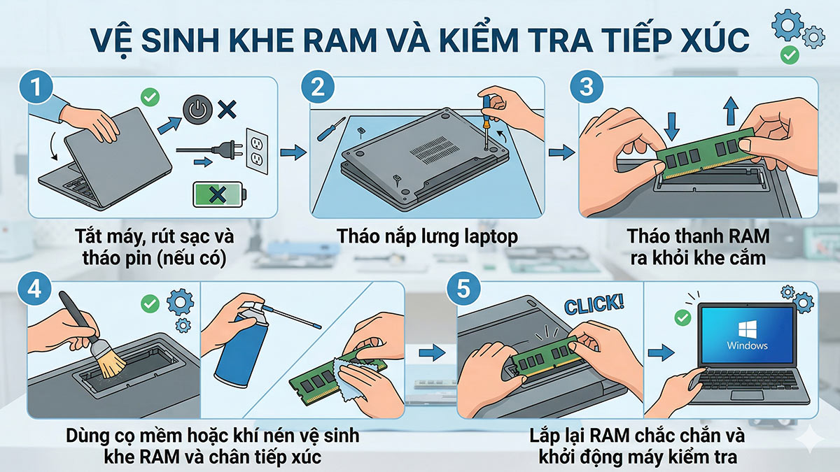 Vệ sinh khe RAM và kiểm tra tiếp xúc