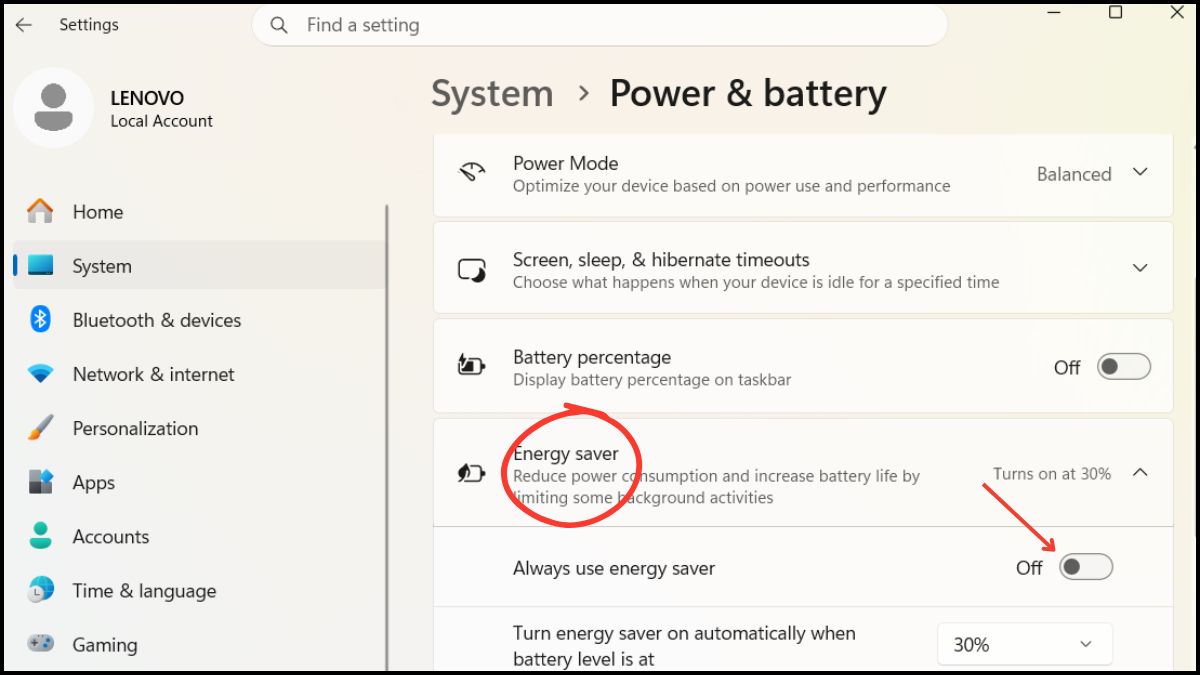 Tìm mục Energy saver