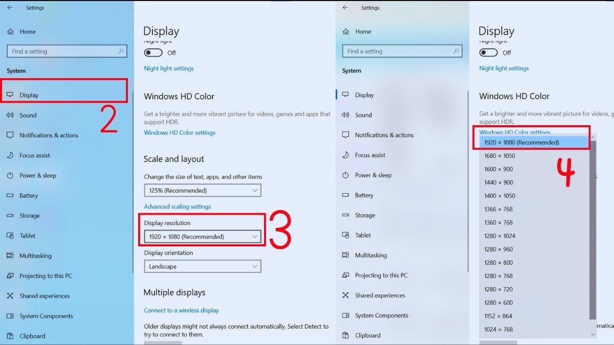 Vào mục Display kéo xuống phần Resolution