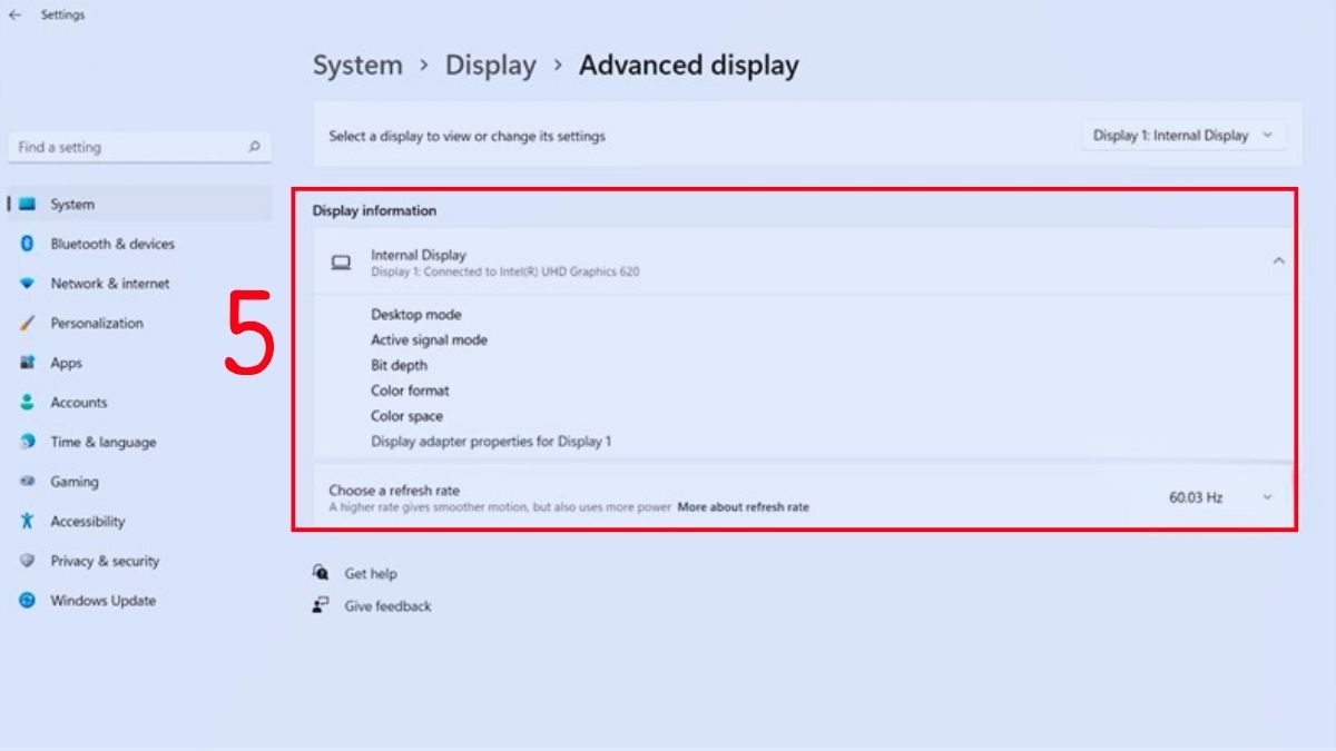 Kiểm tra thông số Display information