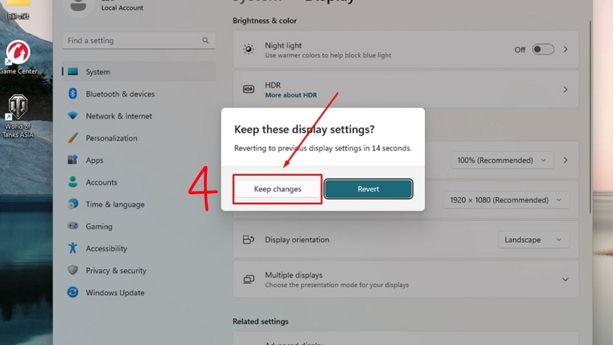 nhấn chọn Keep changes để lưu lại thiết lập mới