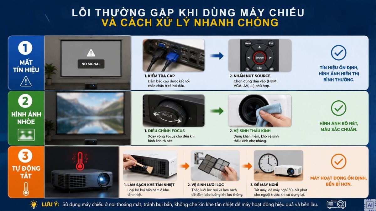 Các lỗi máy chiếu thường gặp và cách xử lý nhanh