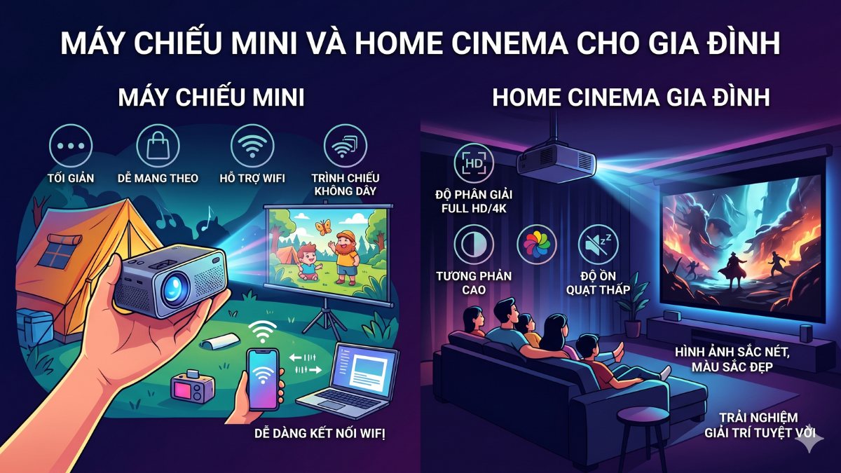 Máy chiếu mini và máy chiếu home cinema cho gia đình