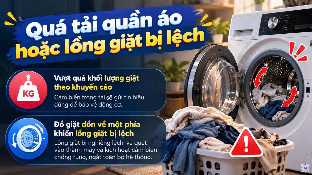 Quá tải quần áo hoặc lồng giặt bị lệch