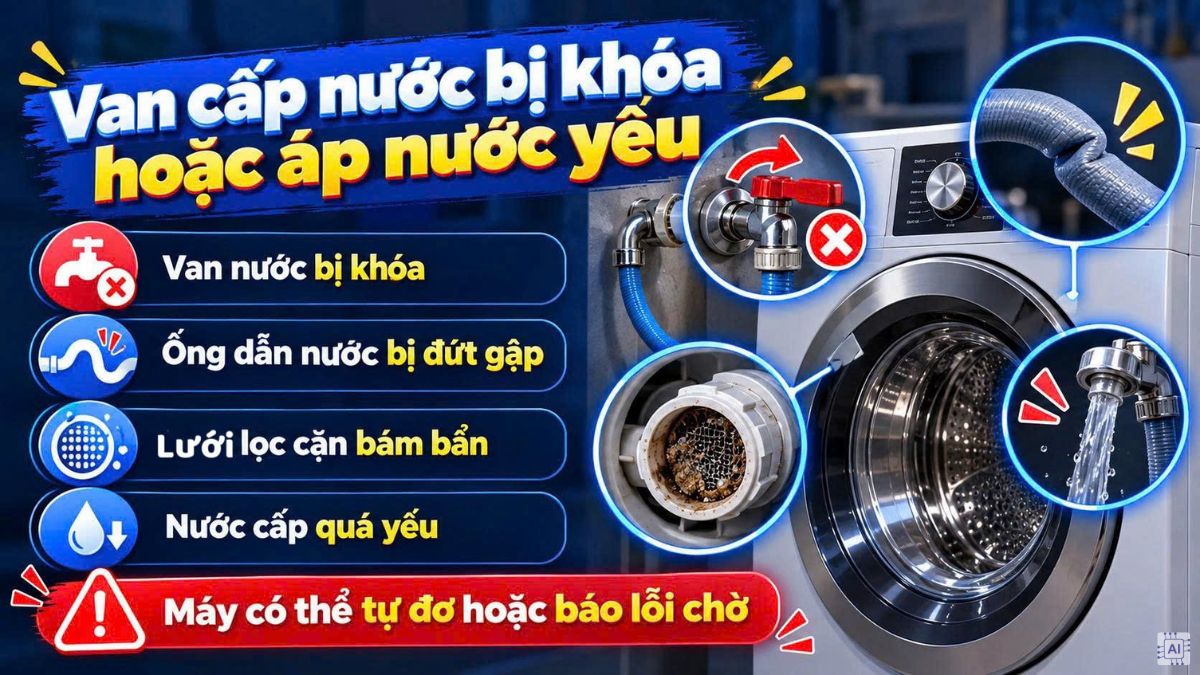 Van cấp nước bị khóa hoặc áp nước yếu