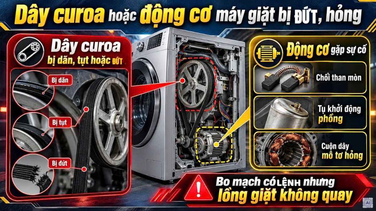 Dây curoa hoặc động cơ máy giặt bị đứt, hỏng