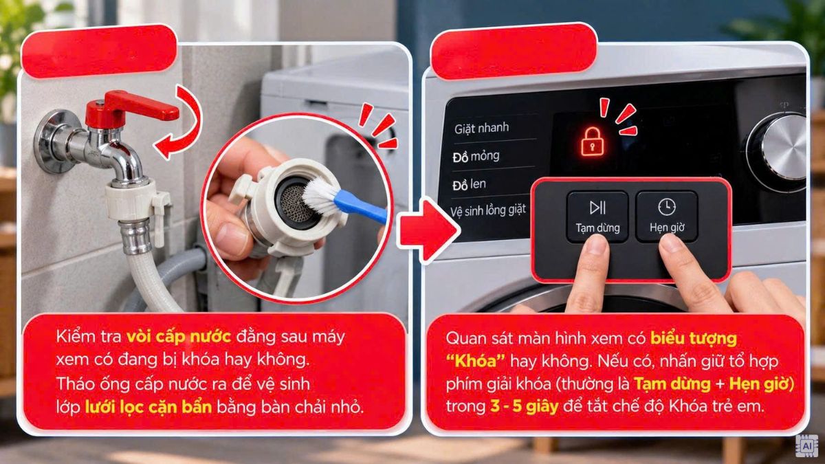 Cách khắc phục máy giặt lên nguồn nhưng không chạy bước 3