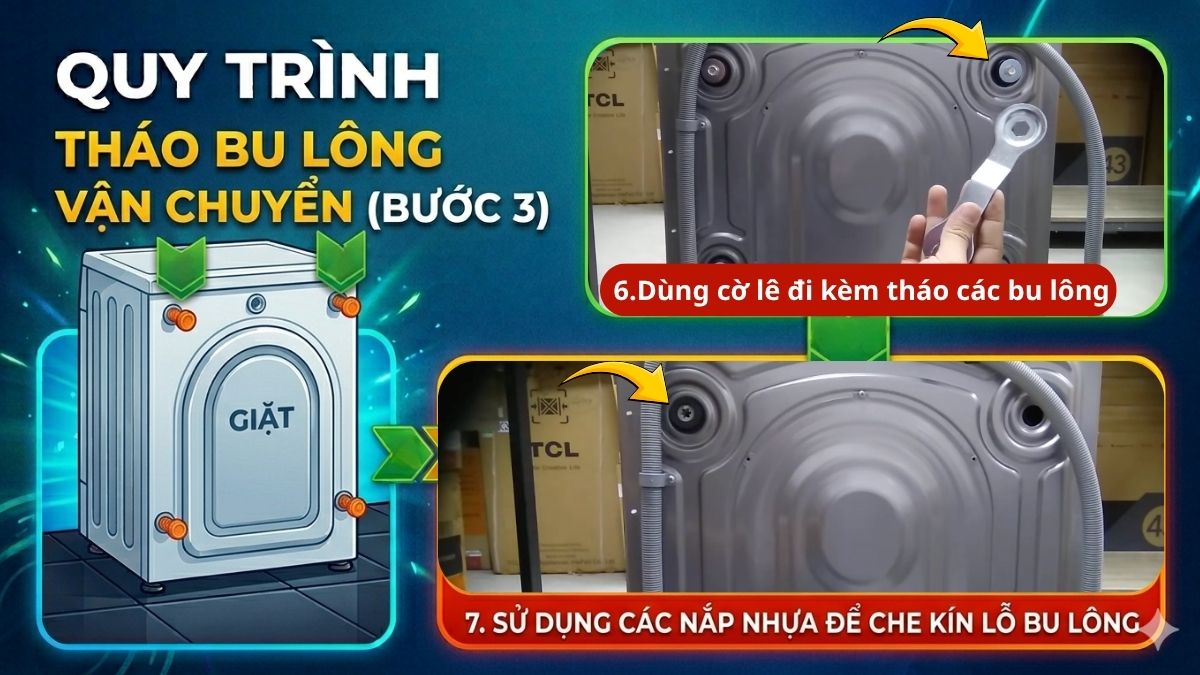 Tháo bu lông vận chuyển nếu máy mới lắp đặt