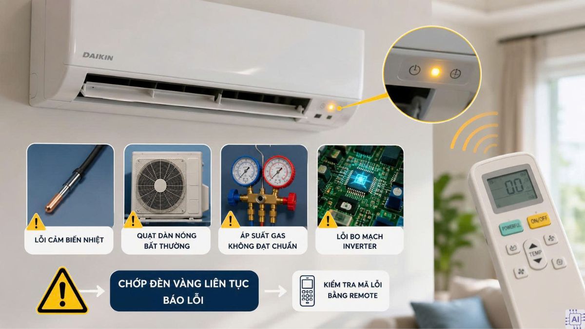 Máy lạnh Daikin chớp đèn vàng liên tục báo lỗi gì?