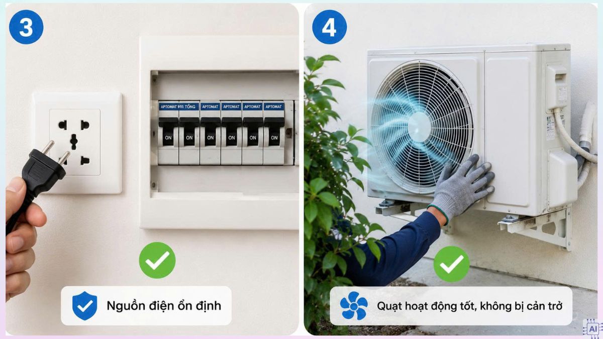 Kiểm tra nguồn điện, ổ cắm và aptomat
