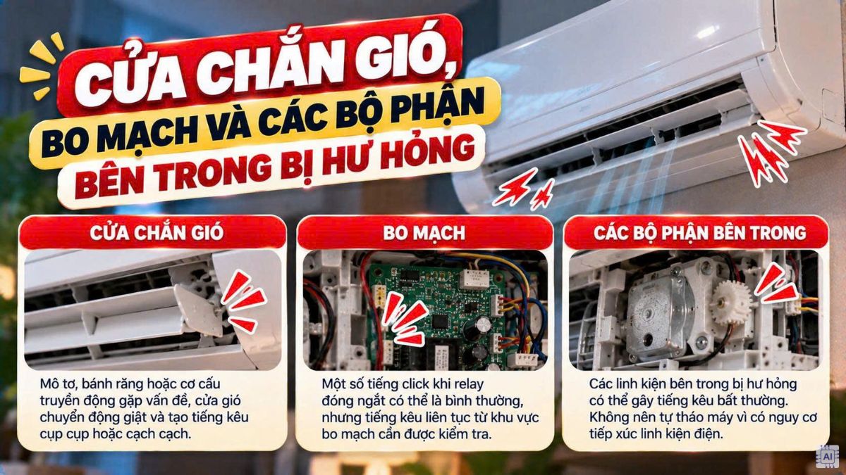 Cửa chắn gió, bo mạch và các bộ phận bên trong bị hư hỏng