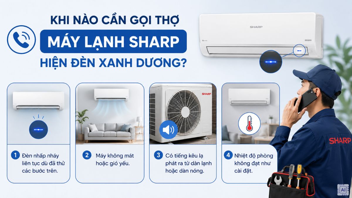 Khi nào cần gọi thợ sửa máy lạnh Sharp hiện đèn xanh dương?
