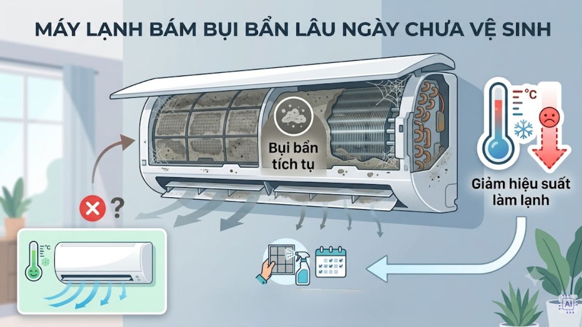 Máy lạnh bám bụi bẩn lâu ngày chưa vệ sinh