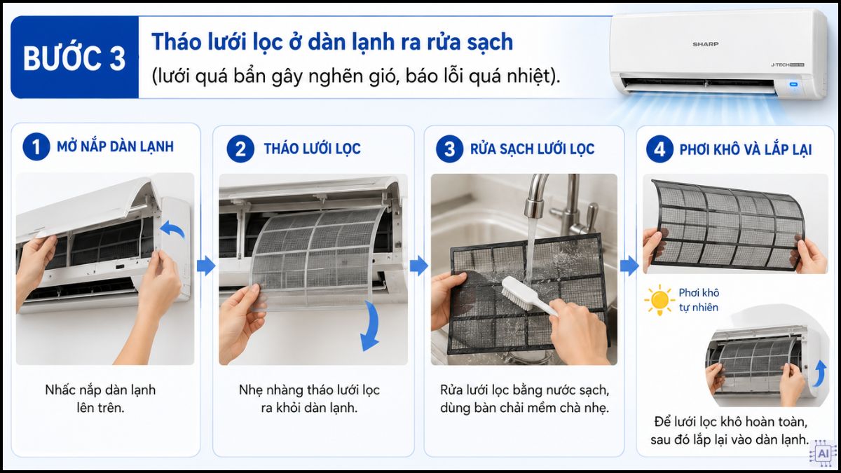 Tháo lưới lọc ở dàn lạnh ra rửa sạch