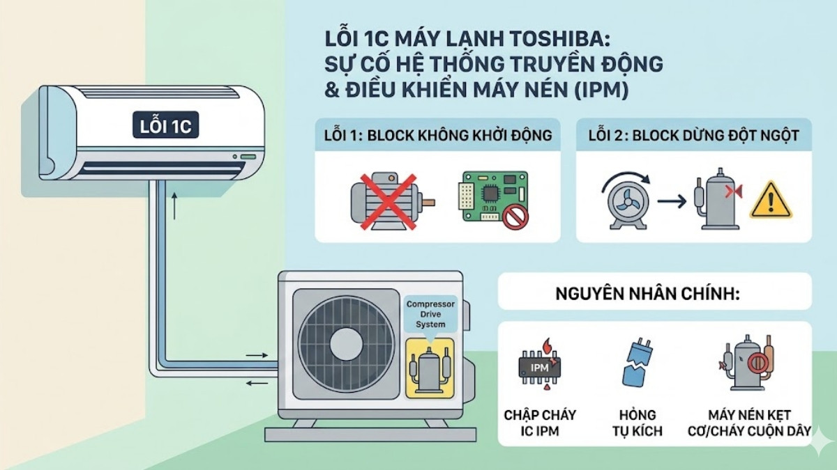 Lỗi 1C máy lạnh Toshiba
