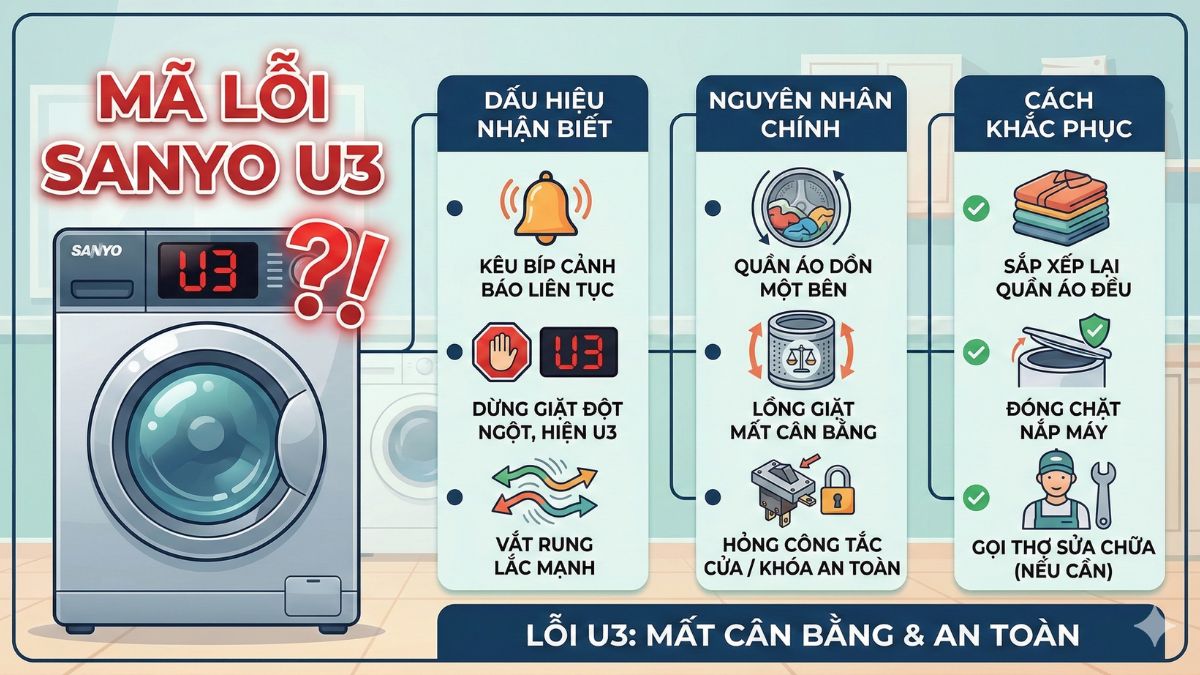 Dấu hiệu nhận biết lỗi U3 máy giặt Sanyo