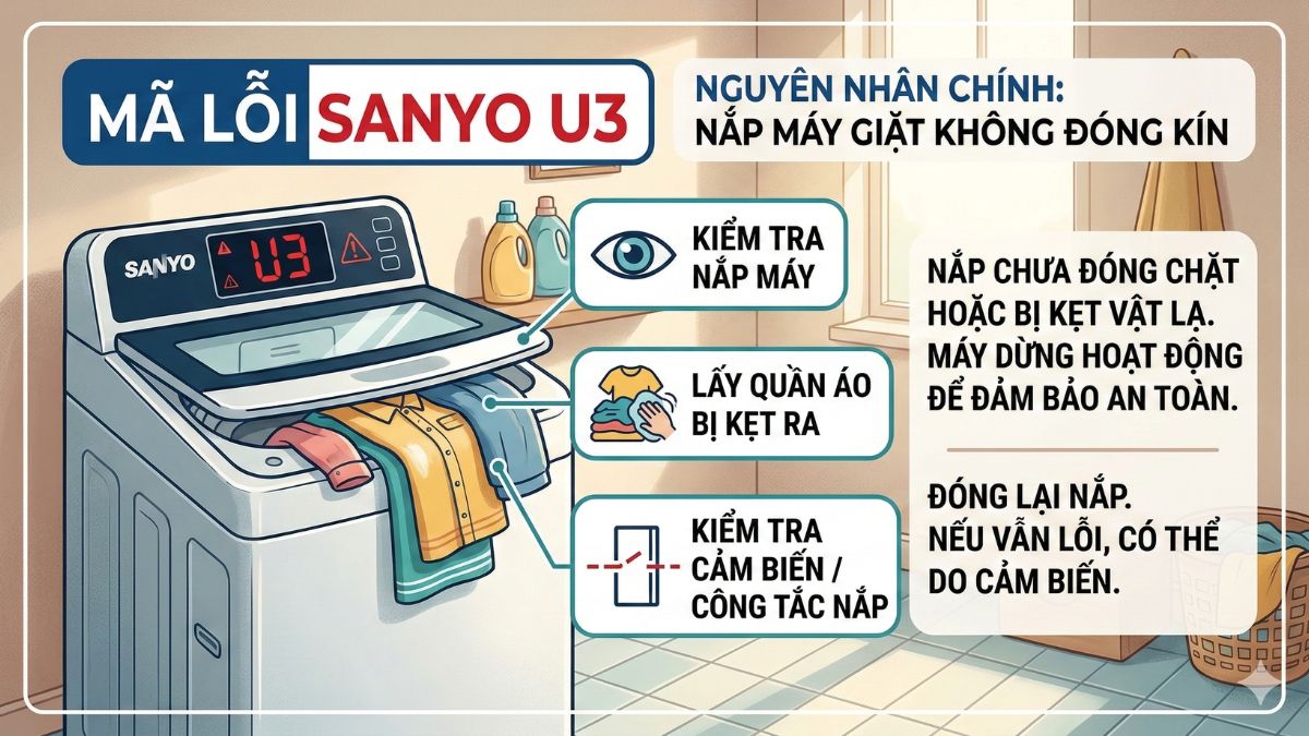 Nguyên nhân và cách xử lý mã lỗi máy giặt Sanyo U3 chi tiết